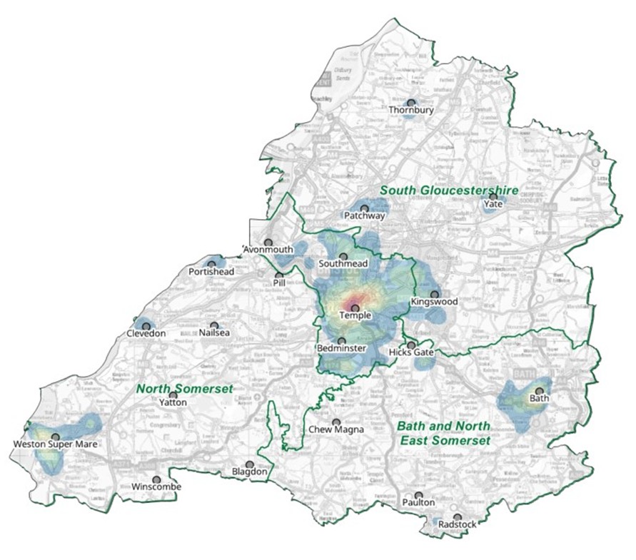 A heatmap depicting the location of hotspots for emergency critical incidents during 2024 to 2025. Hotspots are concentrated around areas of population.