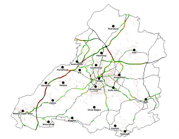 Map of service area and road network coloured red, amber and green for the number of road traffic collisions attended in 2024/2025