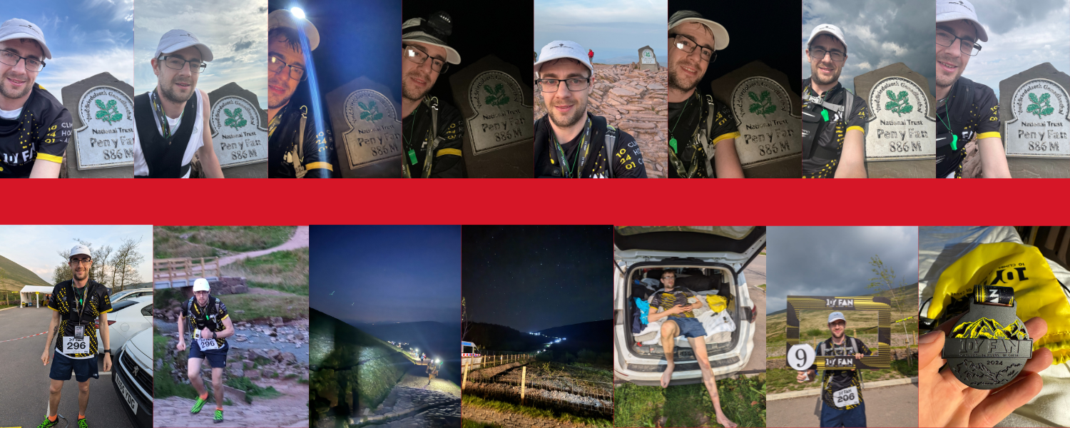 collage of photographs from luke's journeys up and down Pen Y Fan. From top right, nine photographs of luke at the summit of Pen Y Fan, smiling whilst looking exhausted, Bottom row is seven photos. Bottom left is luke before the race. Second left is luke climbing up Pen Y Fan, third and fourth left is the nighttime view of the trek, fifth from the left is luke taking a well-earned break in the car. Second from the right is luke with the 10 Y Fan photo frame with a number nine on it. Bottom right is Luke's medal from the race. 