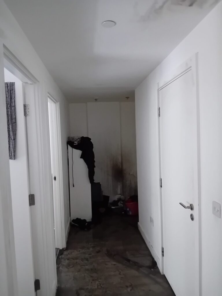 The hallway of a flat that has white walls and at the end of the corridor it is black and smoke stained. The floors are black with soot and water.