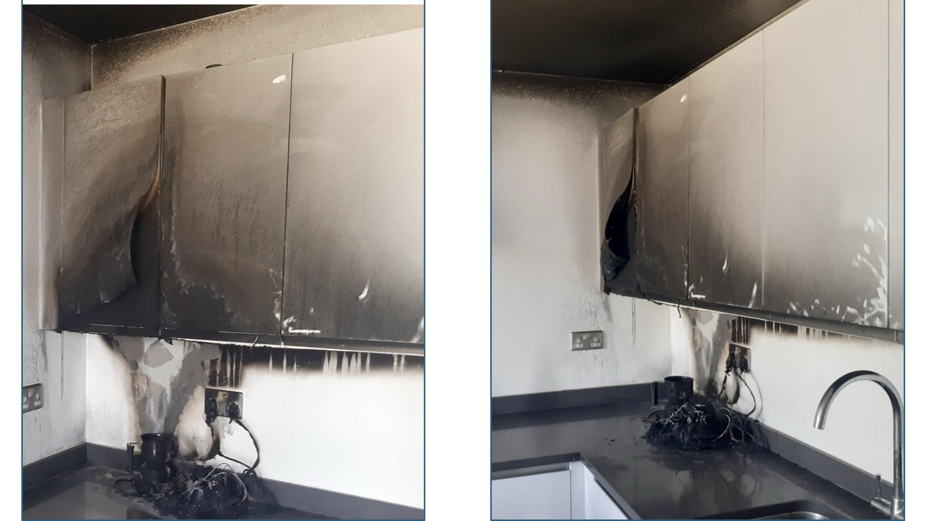 Two images showing two different angles on the scene: a charred kitchen cabinet following air fryer fire.