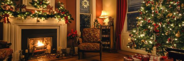 Christmas image with fire and Christmas tree.