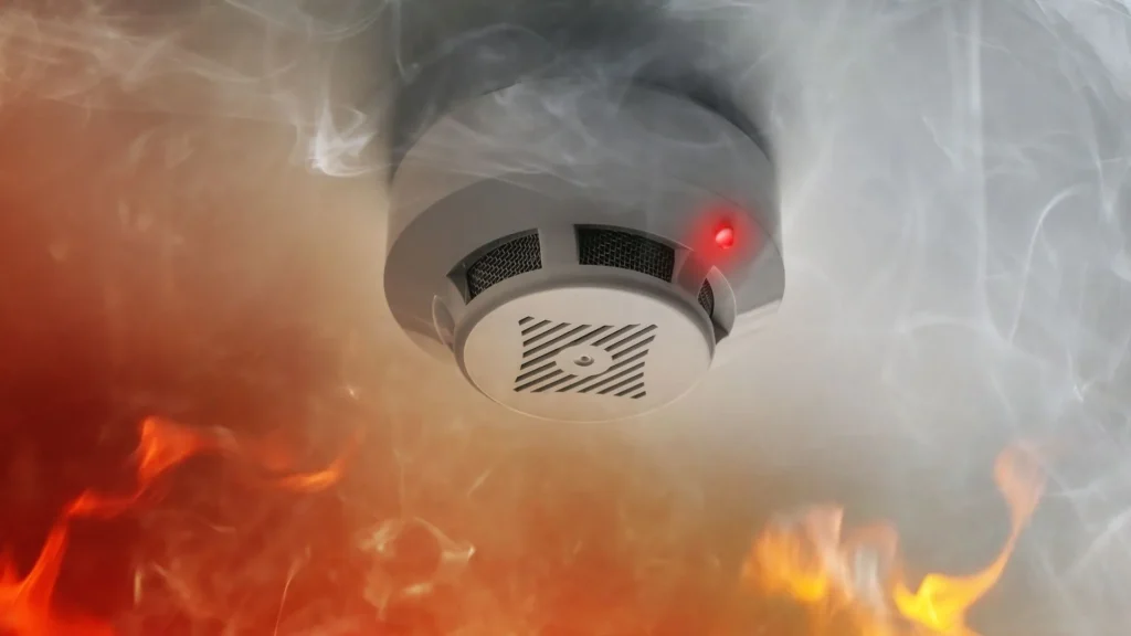 Image of smoke alarm with fire around it. 