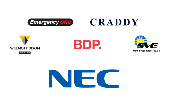 Image of logos for each of the awards sponsors: NEC Software Solutions, Emergency One, SVE, BDP, Craddys and Willmott Dixon.