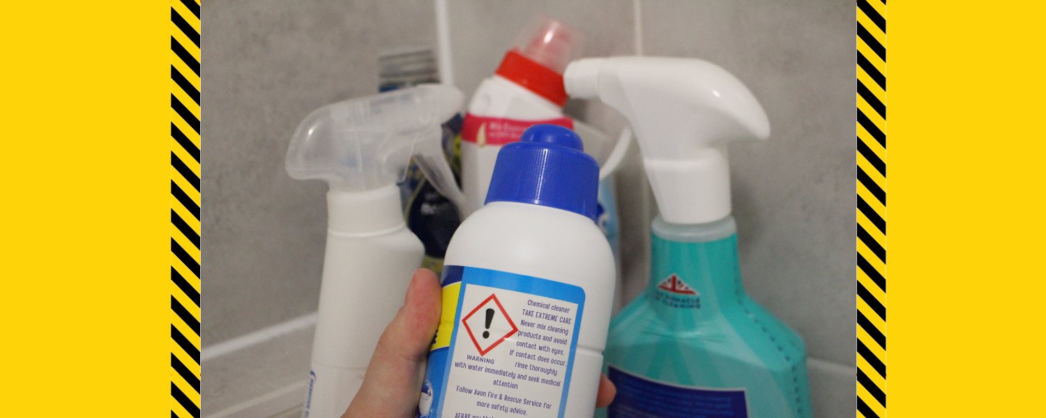 Cleaning products in a bathroom