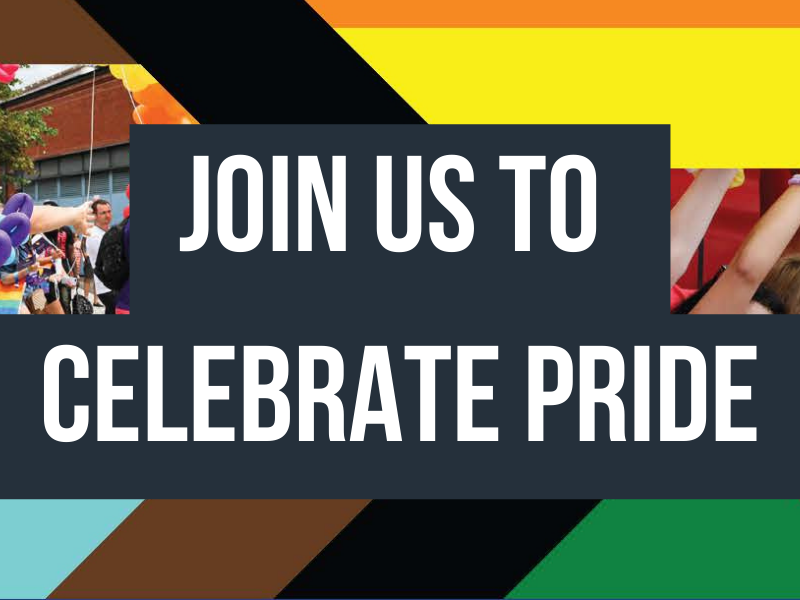 join us to celebrate pride words with pride colours and people celebrating at a previous pride event