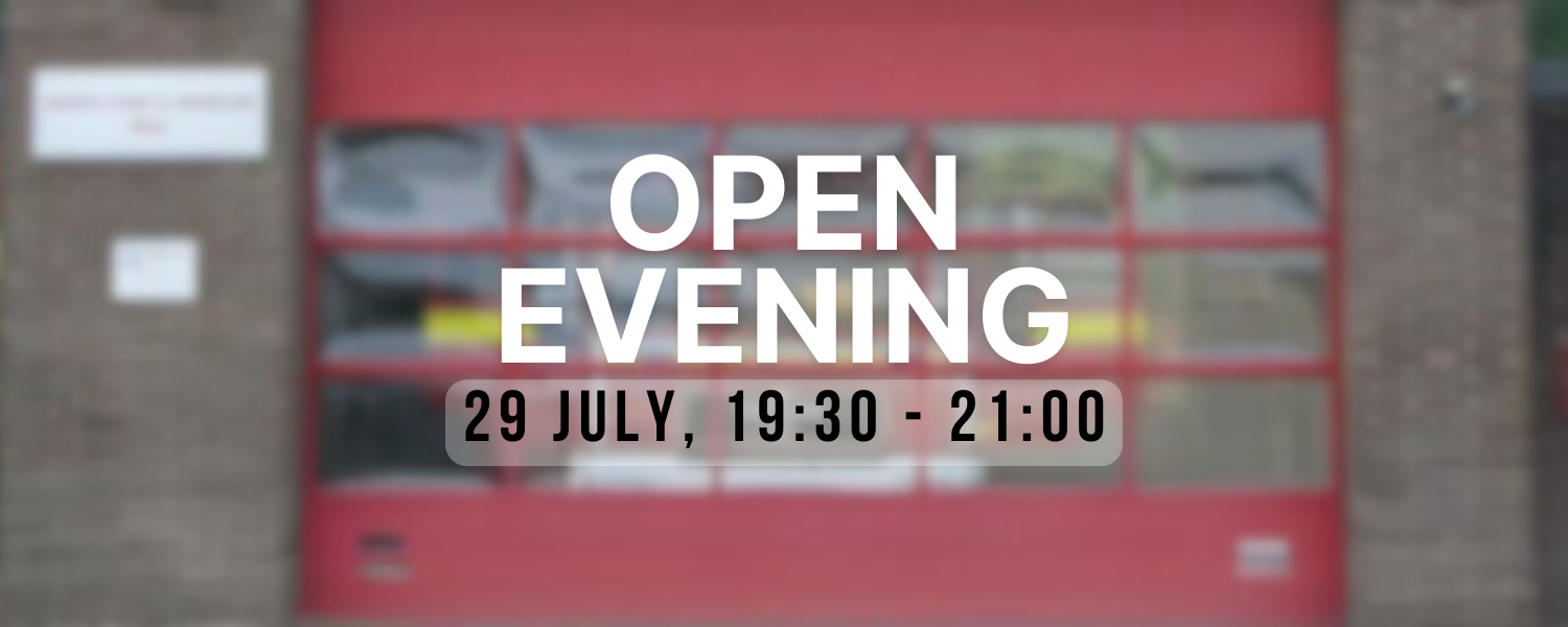 fire station entrance with the words 'open evening 29 July 19:30 until 21:00. on it