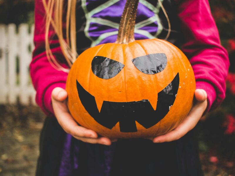 child wearing halloween witches costume while holding holiday pumpkin