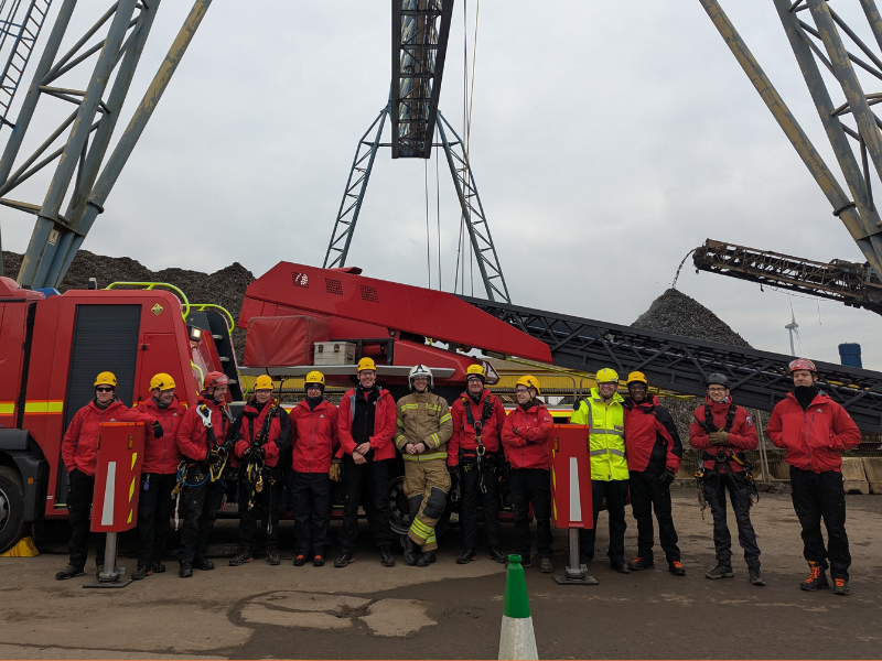 Photos of firefighters at Avonmouth Docks performing rope rescue exercise.
