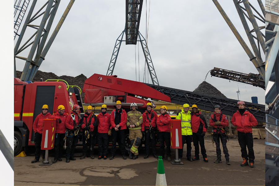 Photos of firefighters at Avonmouth Docks performing rope rescue exercise.