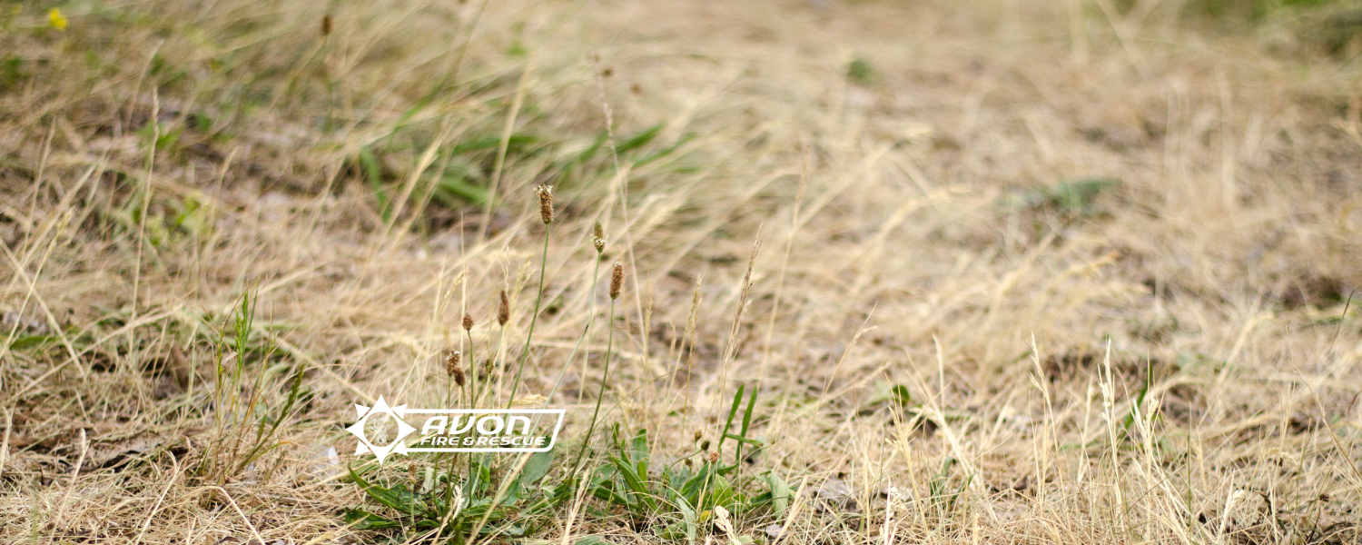 image of dry grass with Avon fire logo
