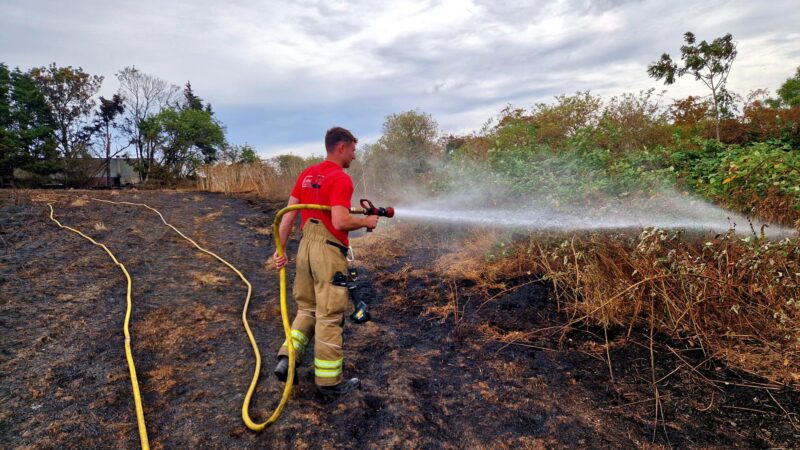 Firefighter stood in scorched field hosing down the shrubbery with water