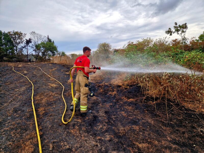 Firefighter stood in scorched field hosing down the shrubbery with water