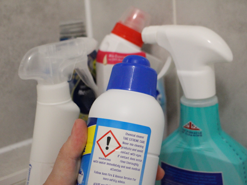 Cleaning products in a bathroom