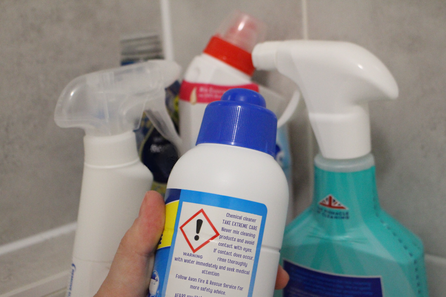 Cleaning products in a bathroom